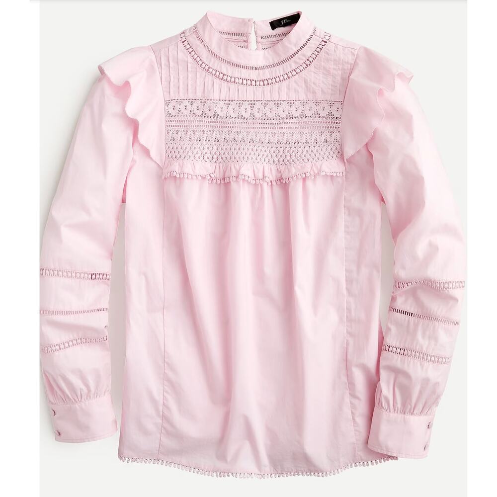 J.CREW Women's Blouse Size Medium Pink Crocheted Lace Ruffle Bib Cotton Popover